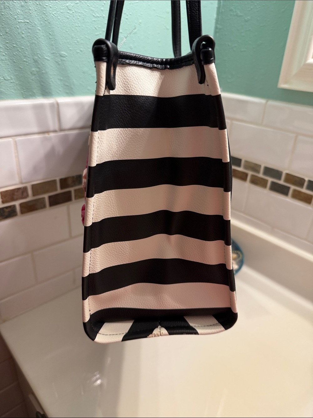 Betsey Johnson Black & White Striped Tote with Pink Butterfly Charm - Picture 4 of 11